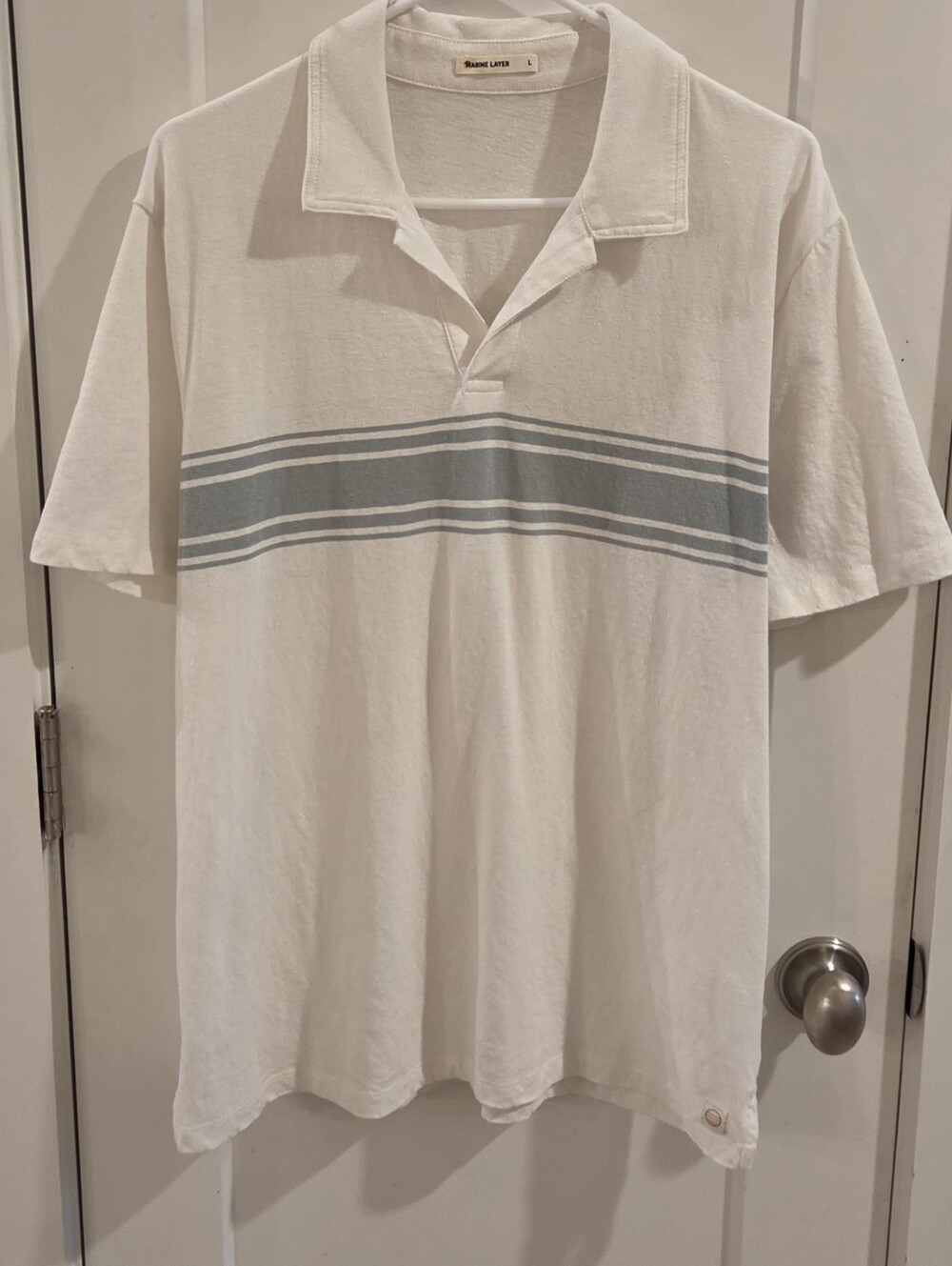 Marine Layer Hemp Resort Polo Shirt - White & Grey Blue - Size Large